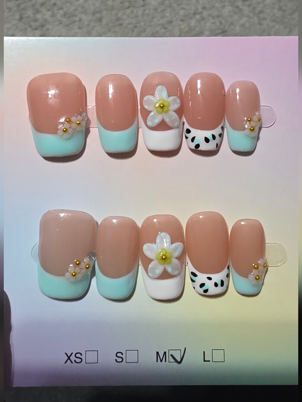Neutral Pink Press-On Nail Set with White Tips & Floral Accents
